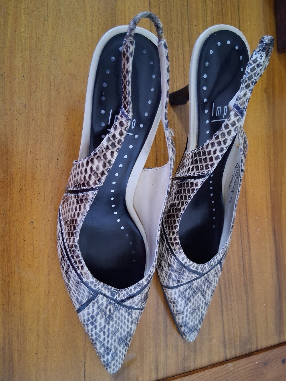 Impo Snake-Print Pointed Slingback Heels in Beige and Brown